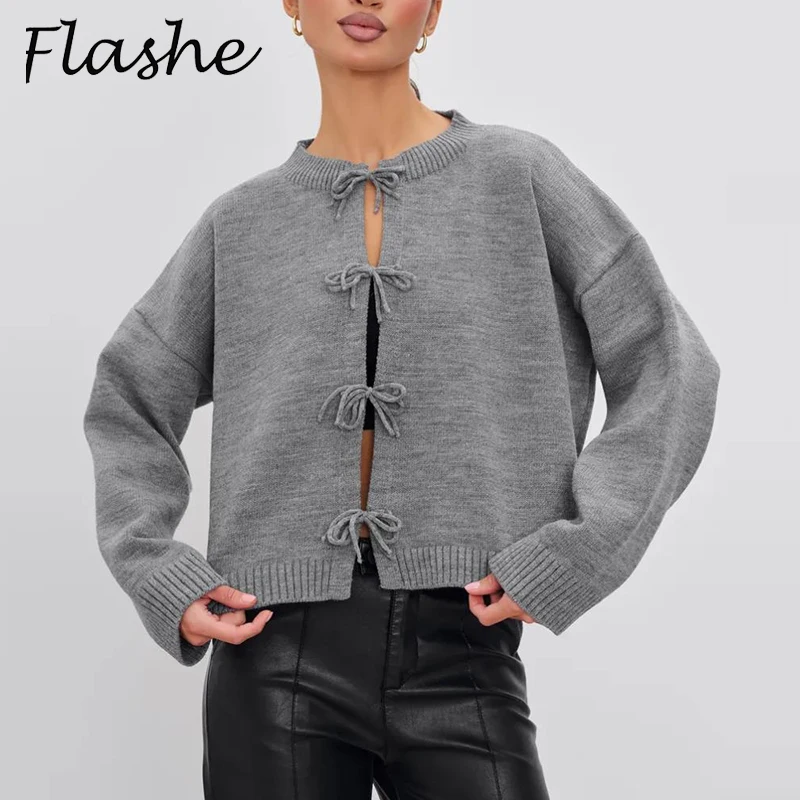 

Autumn Winter Sweater Cardigan Women O Neck Lace Up Short Sweaters For Women Fashion Long Sleeve Casual Knitted Sweater