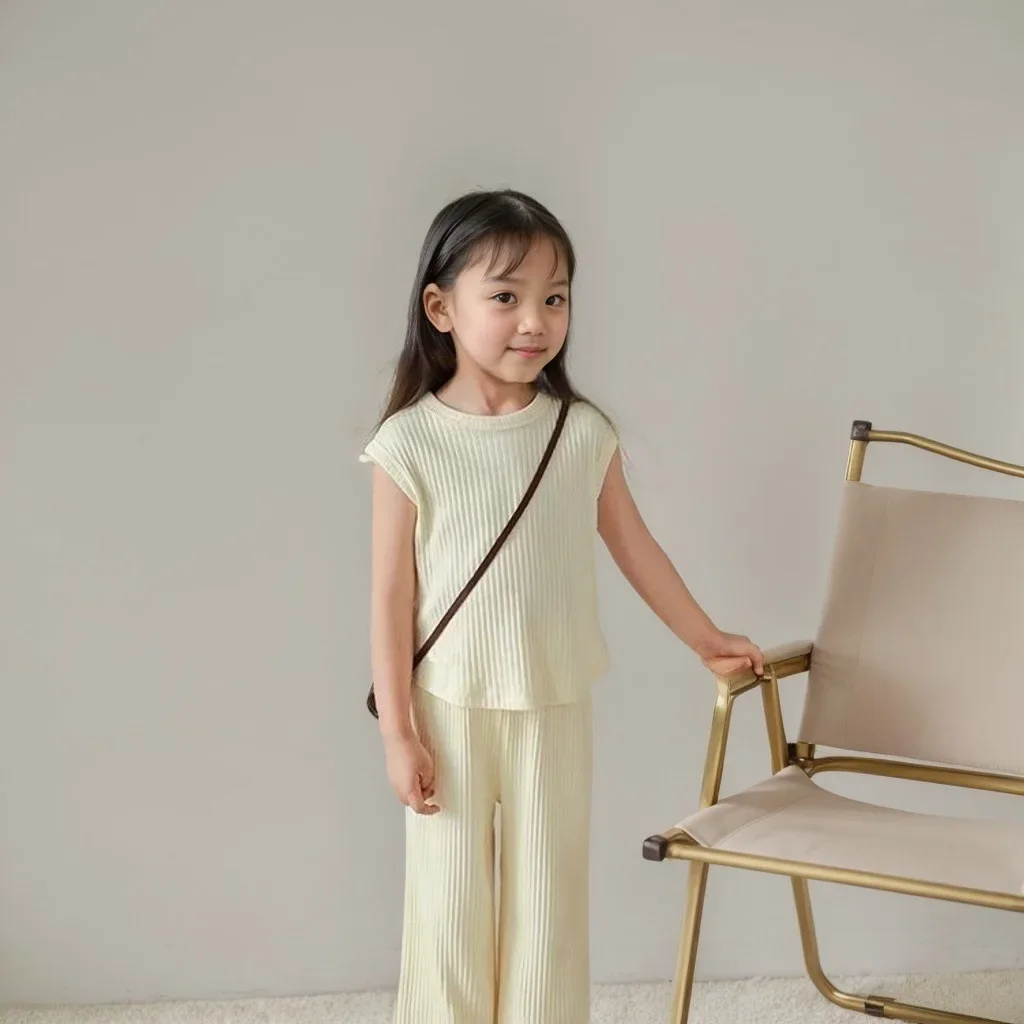 1pcs Summer Children's Clothing Sets Girls Kids Toddler Clothes Solid Color T-shirt Tank Top +Length Pants  Baby Girl Clothes