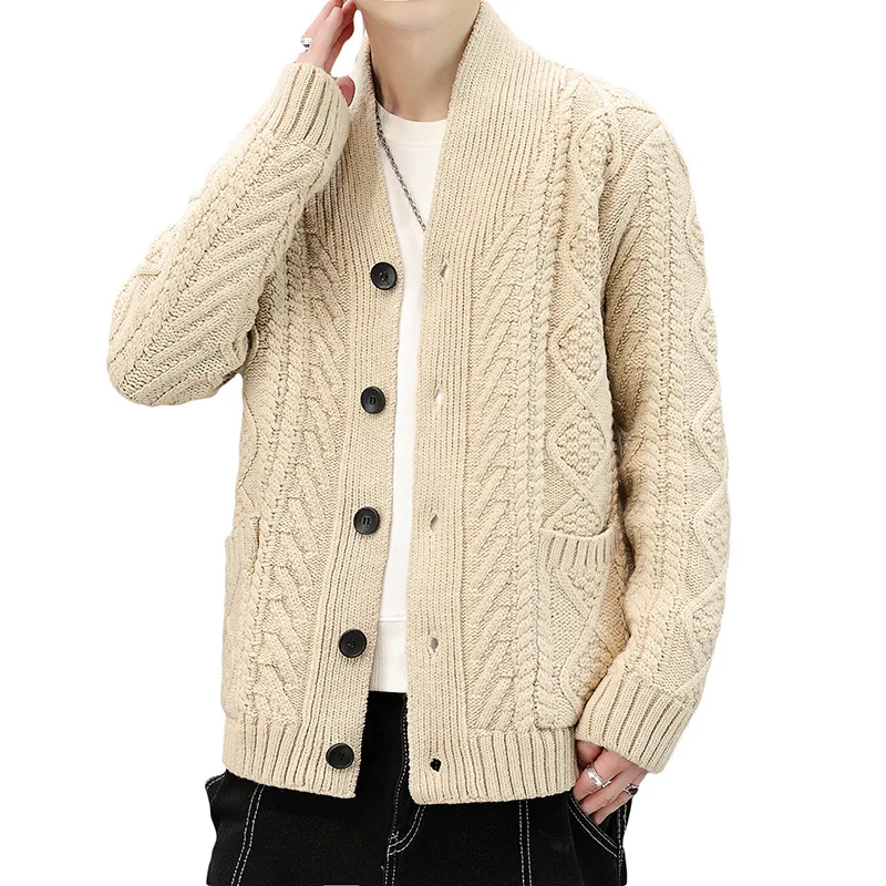 

2023autumn and Winter New Men's Twist Large Buttons Knitted Cardigan Youth Thick Outerwear Sweater