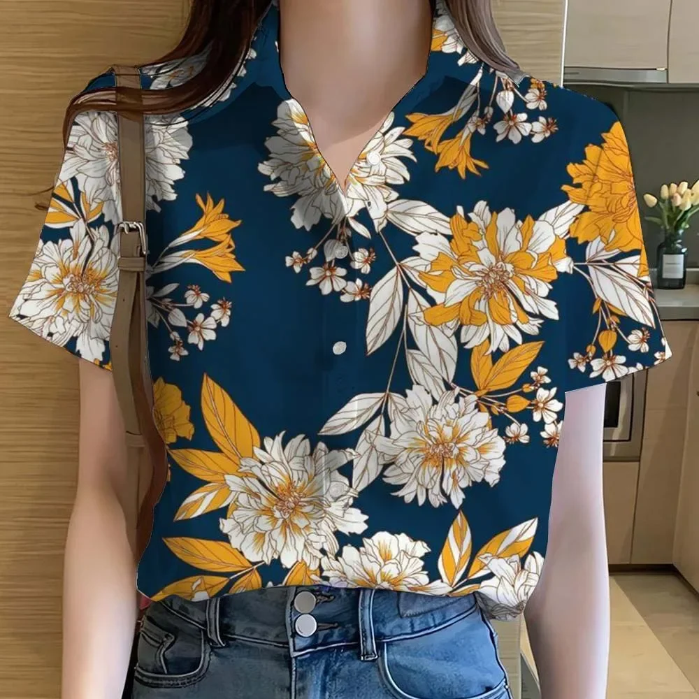 

Casual Loose Womens Shirts Hawaiian Tropical plant leaves 3D Printed Tops Short Sleeve Button Beach Shirt Summer Women's Clothes
