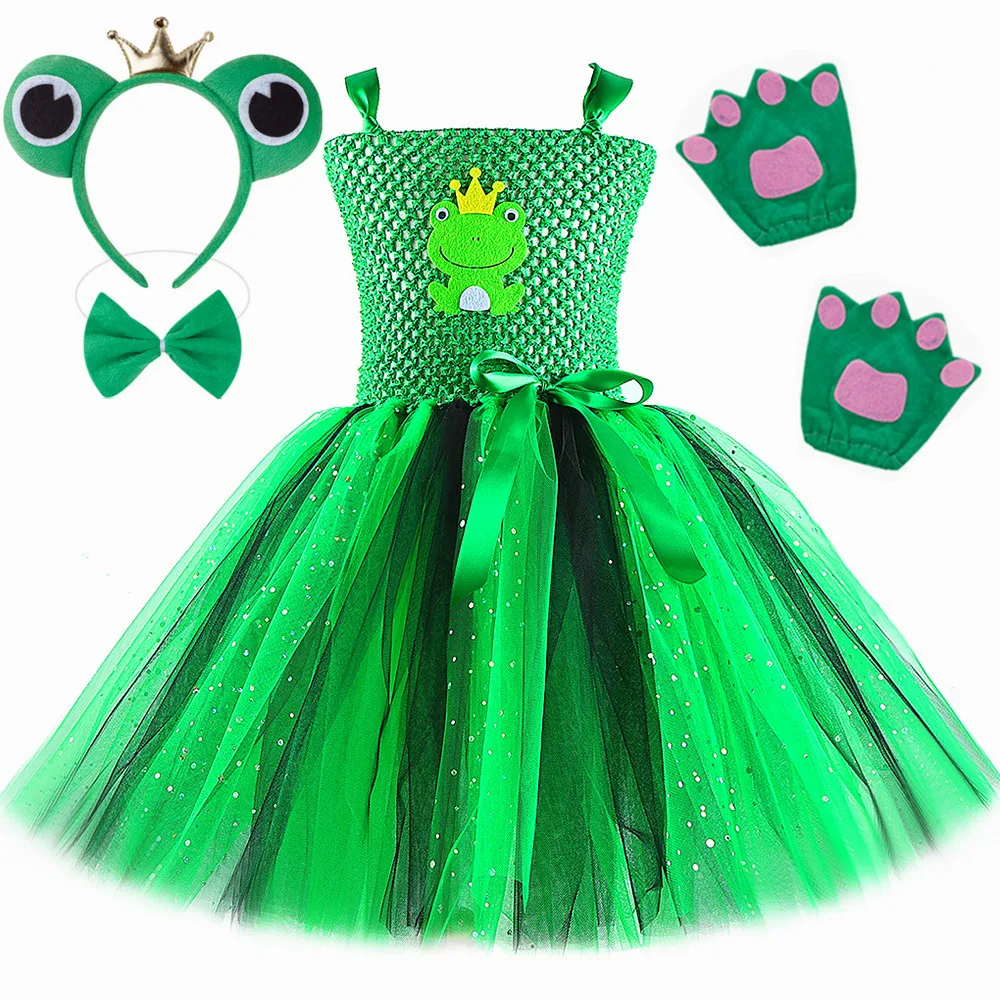 Green Frog Costume Kids Toddler Halloween Party Dress Up Glitter Cartoon Animal Tutu Dress for Girls Stage Performance Clothes