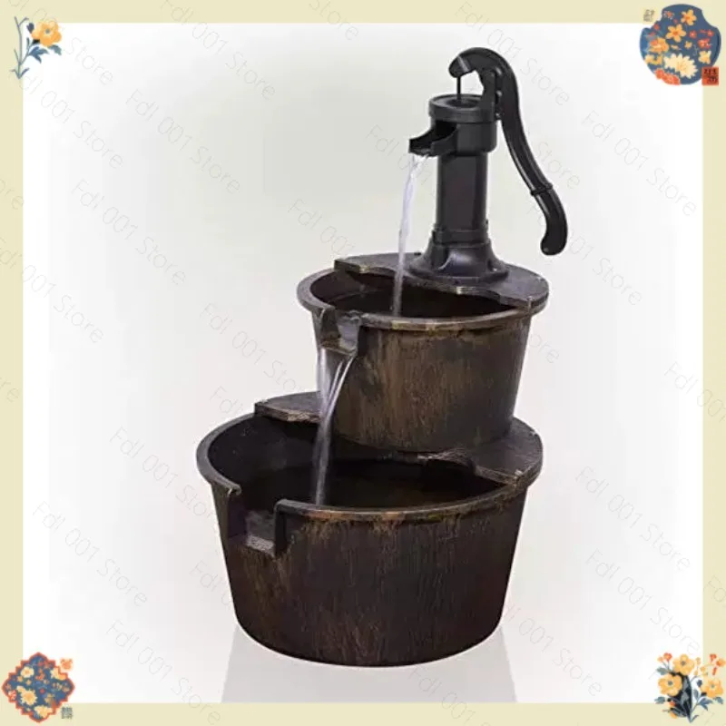 Fountain wooden barrel fountain double-layer flowing water ornament simple installation