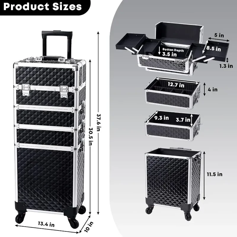 Makeup Case with Wheels, 4-in-1 Makeup Train Case, Cosmetic Makeup Trolley Cart Travel Cosmetology Case on Wheels with Key