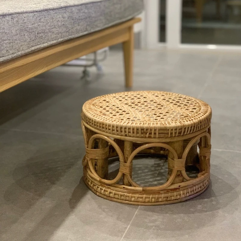 ww-Handmade Rattan Woven Seat Cushion – Casual Rattan Stool, Small Shoe Changing Furniture for Children, Practical & Natural