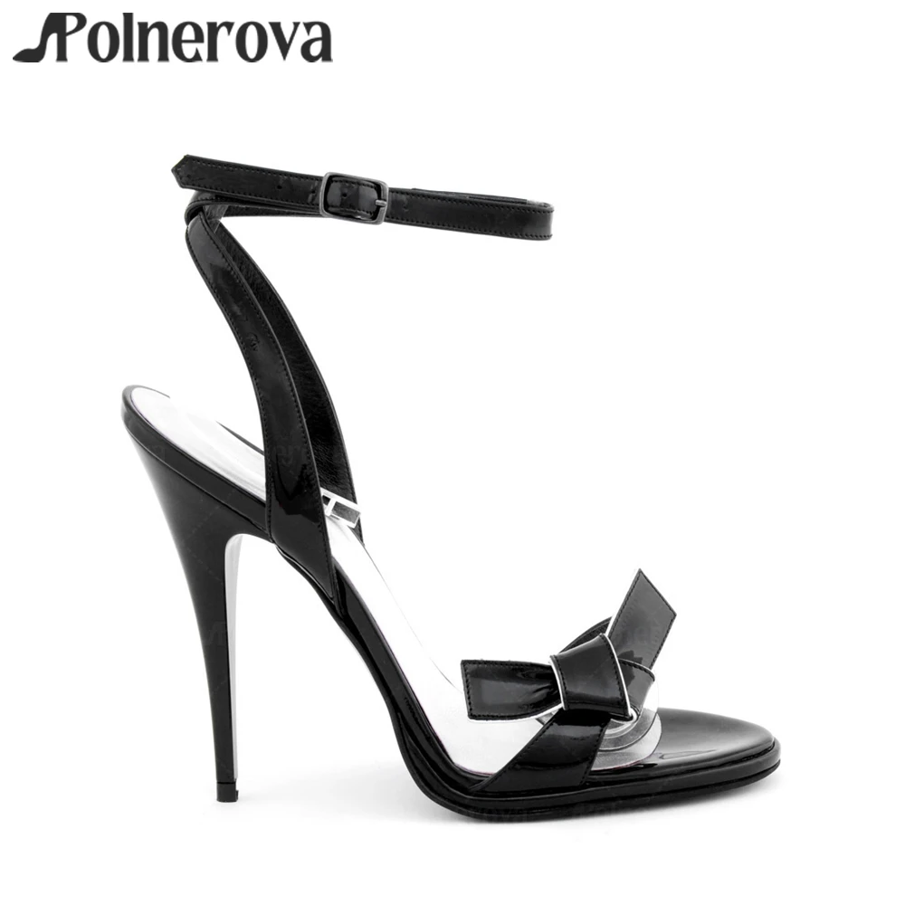 Black Patent Leather Sandals Bow Accessories Lacquered High Heels Round Toe Stiletto Sexy Style Women's Summer High Heels Custom