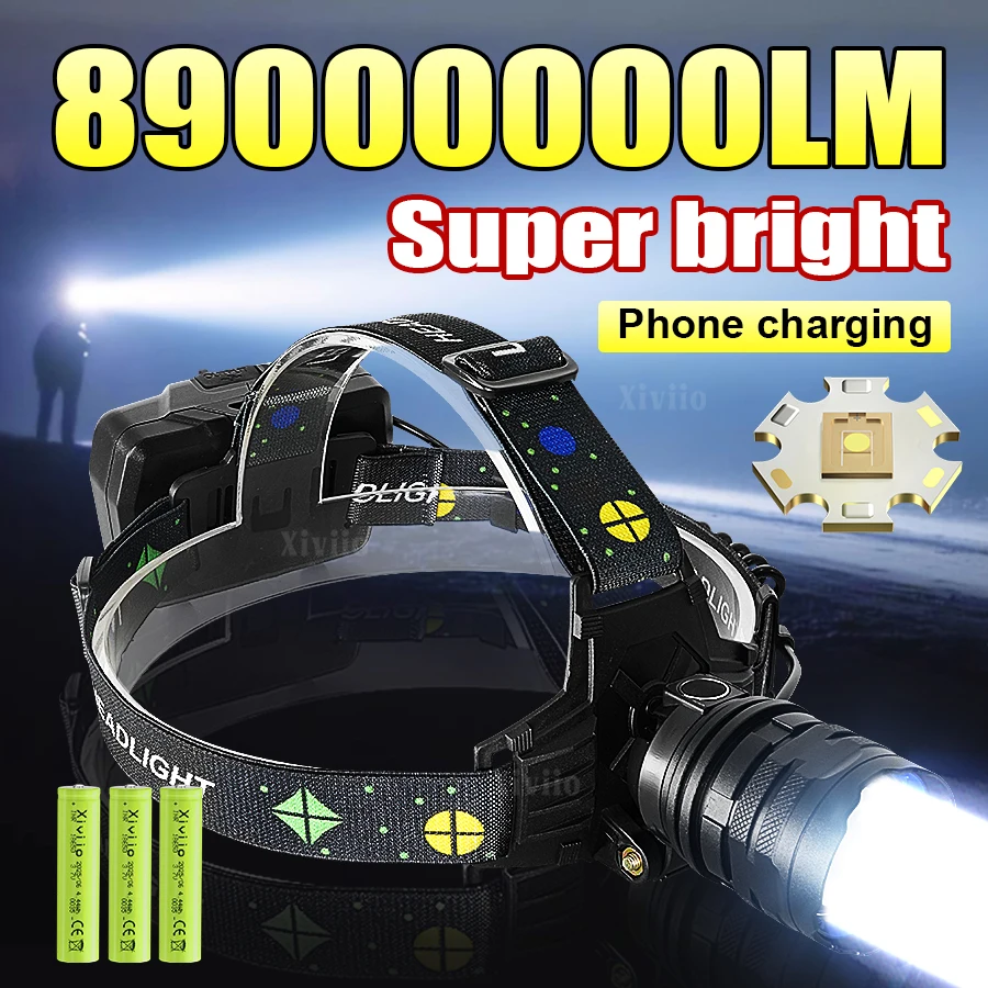 

Мощный Налобный Фонарь 89000000LM, Сверхъяркий, Телескопический Зум, Зарядка Type-C для Кемпинга и Рыбалки