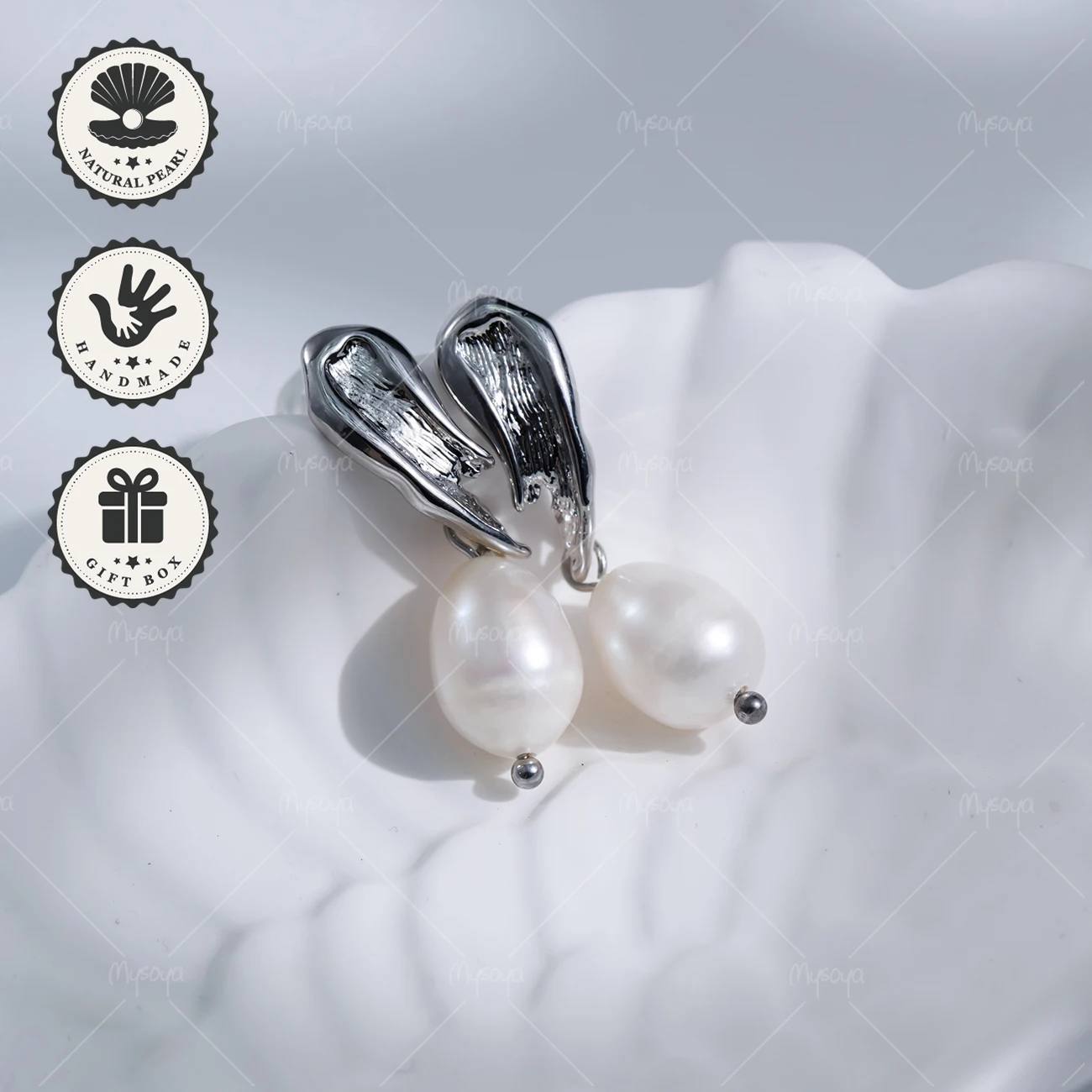 

MYSOYA 8-9mm White Rice-Shaped Freshwater Pearl Earrings with Silvery Brush Stroke Design, Birthday Gift, Valentine’s Day