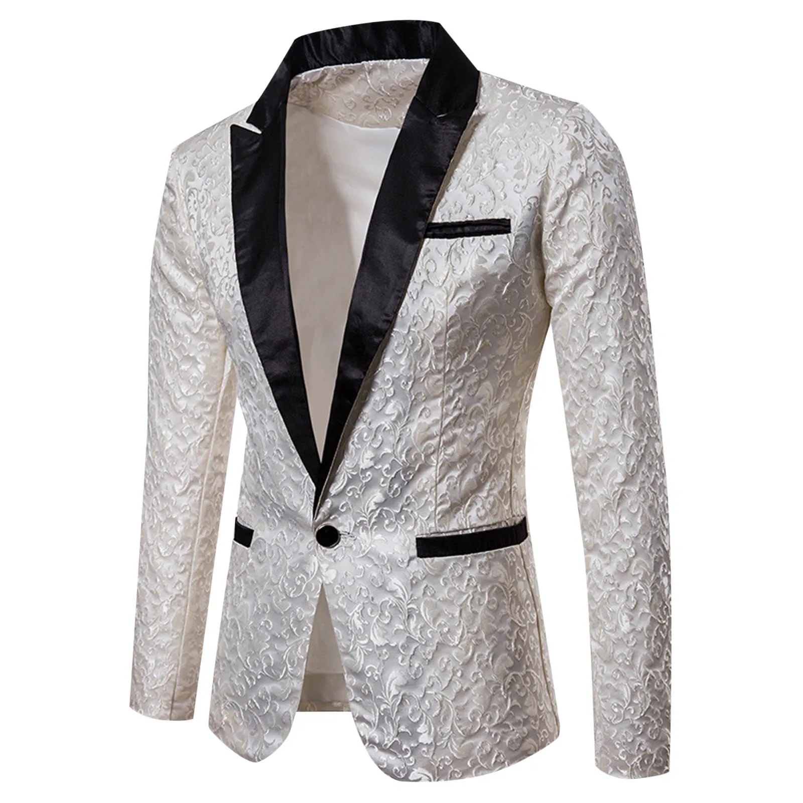 Fashion Men Business Social Jacquard Suit Jacket Single Breasted Top Black / White / Gold Men\'s Wedding Party Dress Blazers Coat