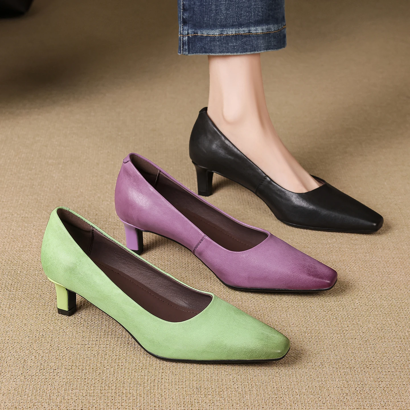 

Genuine Leather Cowhide Women High Heels, Square Toe Slip-on 4.5cm Heel Party Women Pumps,Fashion Summer Party Women Shoes