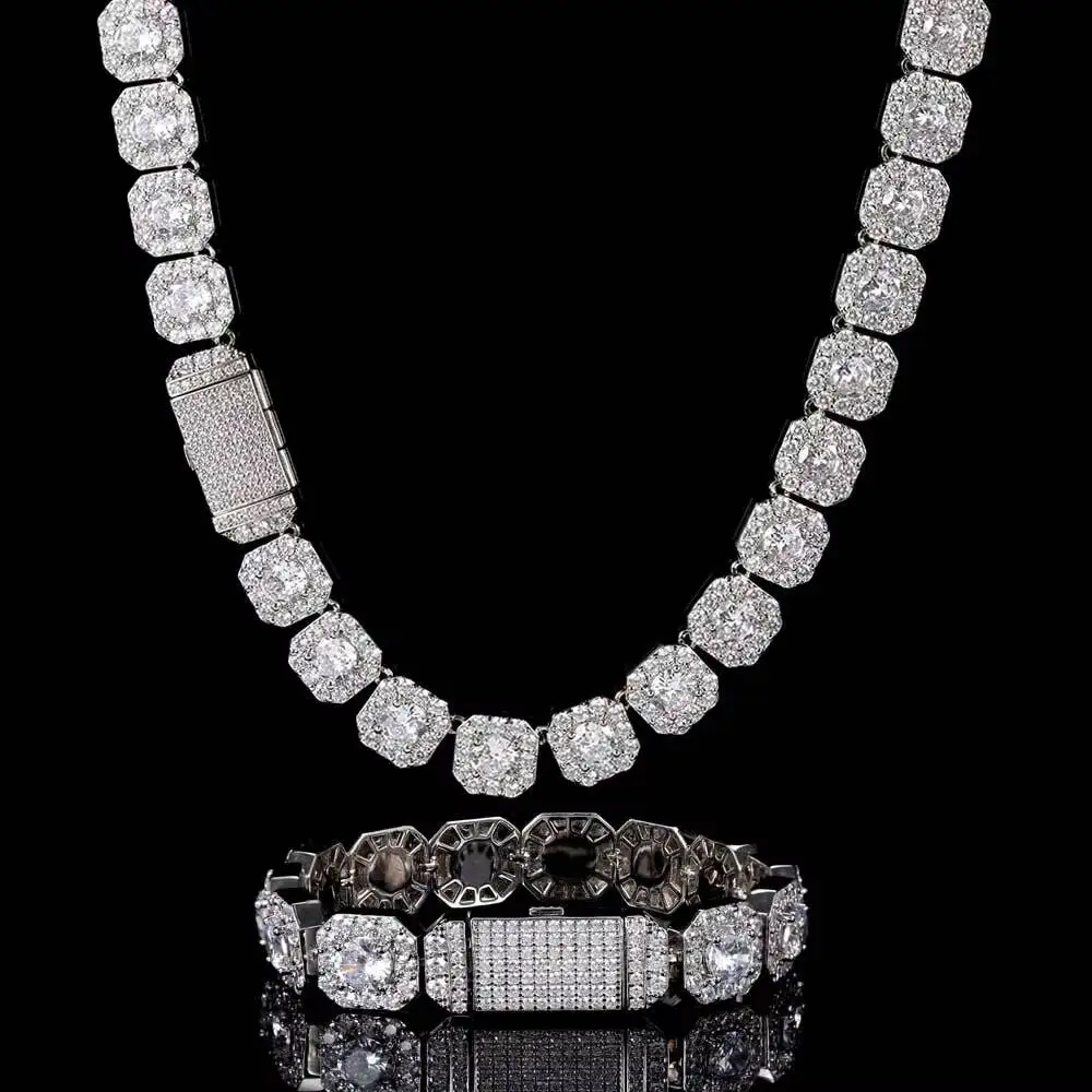 Moissanite S925 Nuoya Hight Quality 10mm/12mm Clustered Tennis Chain Necklace 18K Gold Bling Moissanite Iced Out Diamond