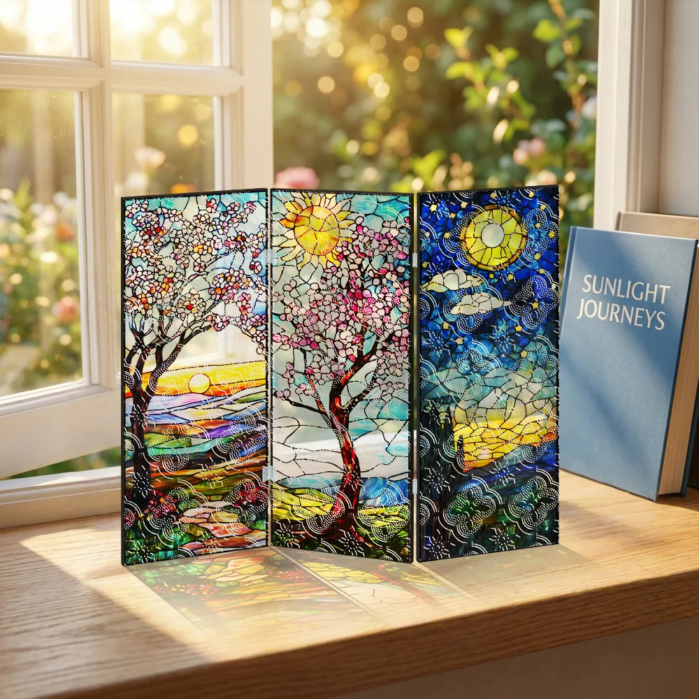 Colorful Landscape Painting Folding Screen, Translucent Acrylic Screen Setting. Entrance TV Cabinet Dining Table Decorations