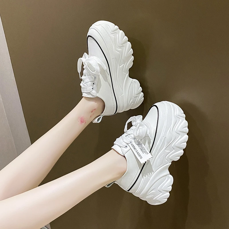 New 2024 Women Hidden Heels Sneakers 8CM High Platform Wedges Sneakers Autumn Chunky Leather Shoes Woman Lace Up Dad White Shoes