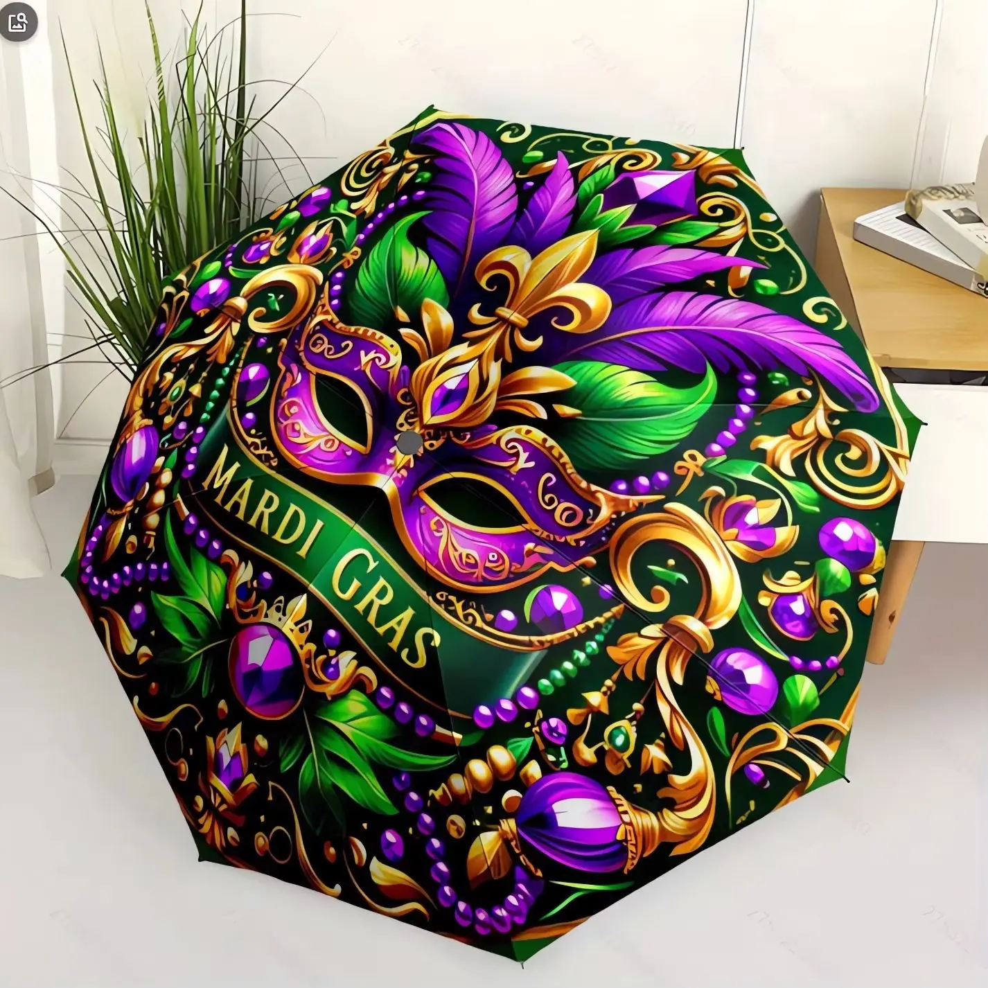 

1pc Mardi Gras Carnival Mask Themed Portable Folding Umbrella - Durable Iron Frame, Vibrant Purple & Golden Design with Feathers