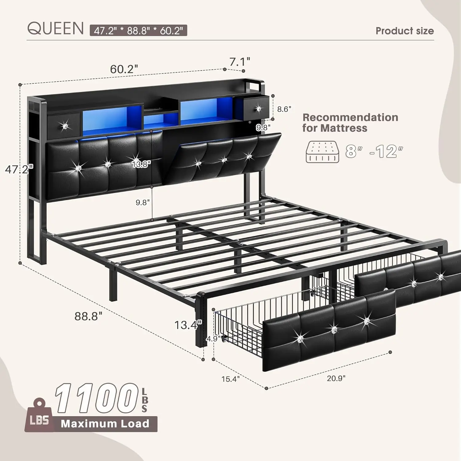 Queen Bed Frame with Upholstered Storage Headboard,4 Drawers,Black | Diamond tufted style,Charging Station,LED, Customized