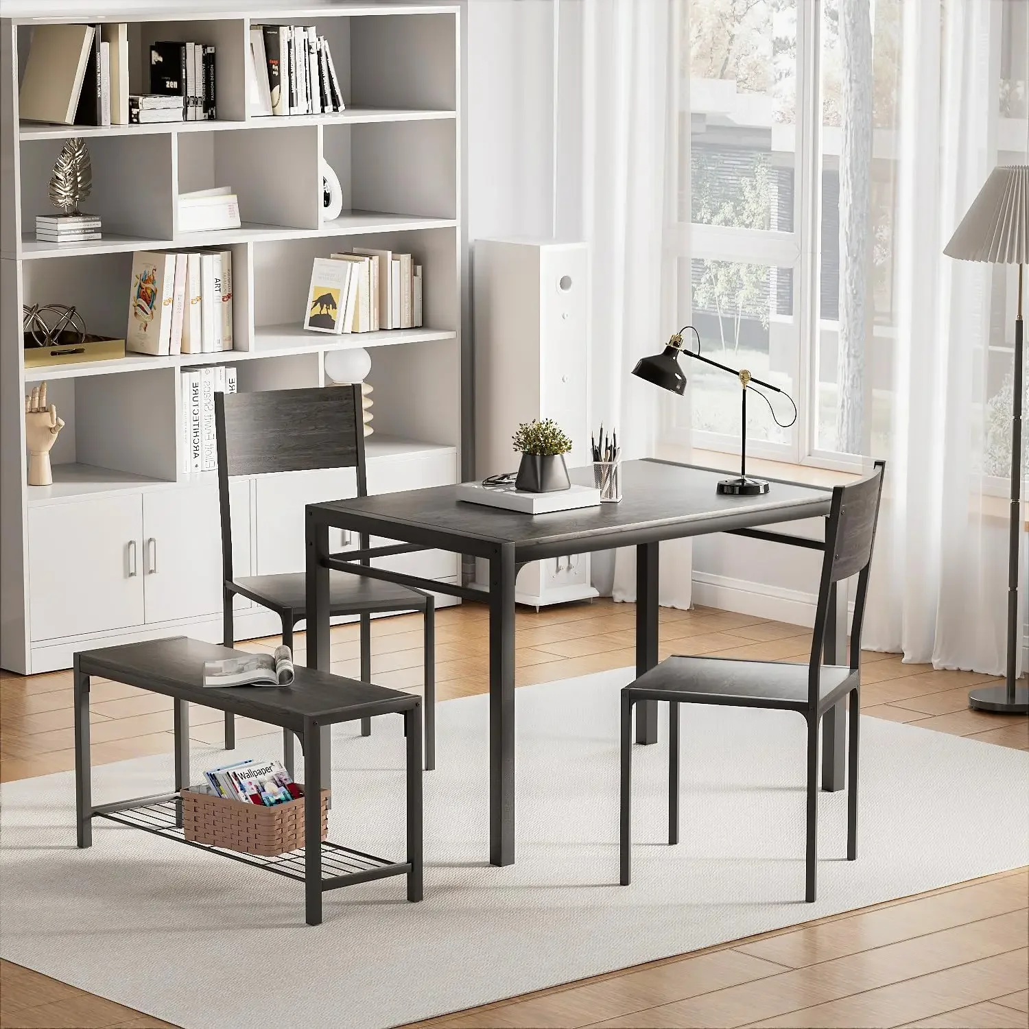 Kitchen Table and 2 Chairs for 4 with Bench, 4 Piece Dining Sets for Small Space, Grey