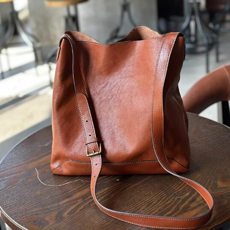 Japan and South Korea Leather female cowhide vintage Tote bag Large capacity cowhide shopping bag single shoulder crossbody bag