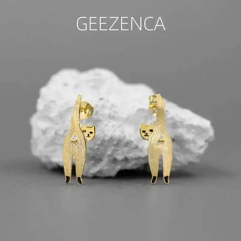

GEEZENCA 925 Sterling Silver Zircon 3D Cat Shaped Small Earrings For Women Girl Cute Animal Unique Chic Earring New Party Gift