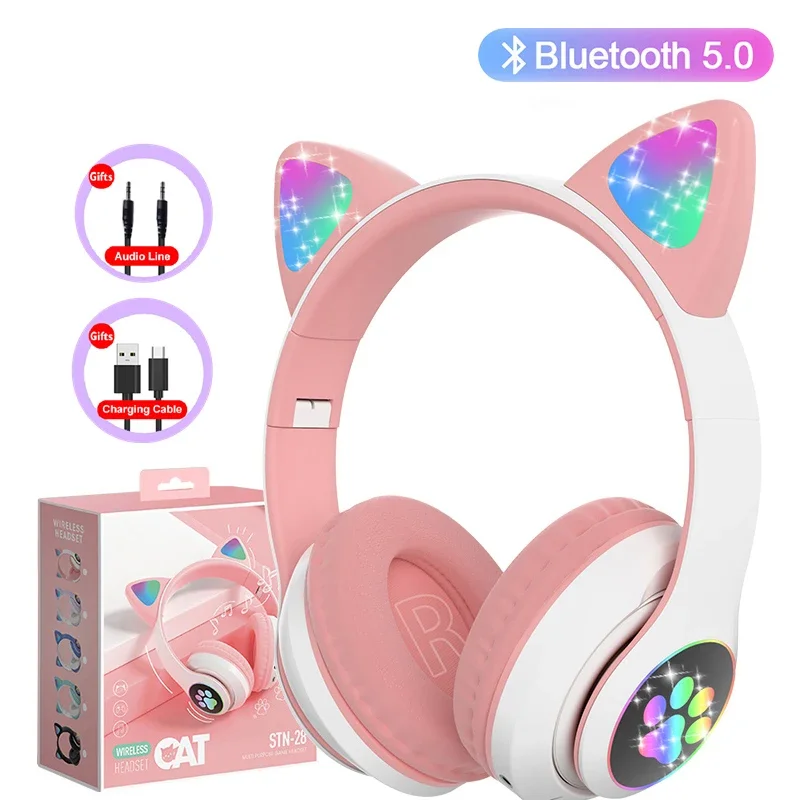 Flitslamp Leuke Kat Oren Hoofdtelefoon Bluetooth5.0 Stereo Met Microfoon Ondersteuning TF-kaart Draadloze Kinderen Meisje Oortelefoon Verjaardagscadeau