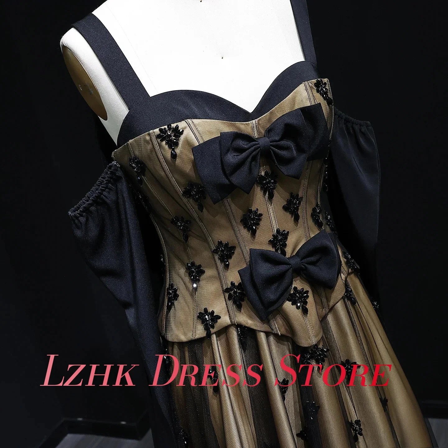 Personalizado exquisito Organza A-Line correas espaguetis cristal 3D arco cintas vestido de noche Sexy Sweetheart vestidos de ocasión a medida