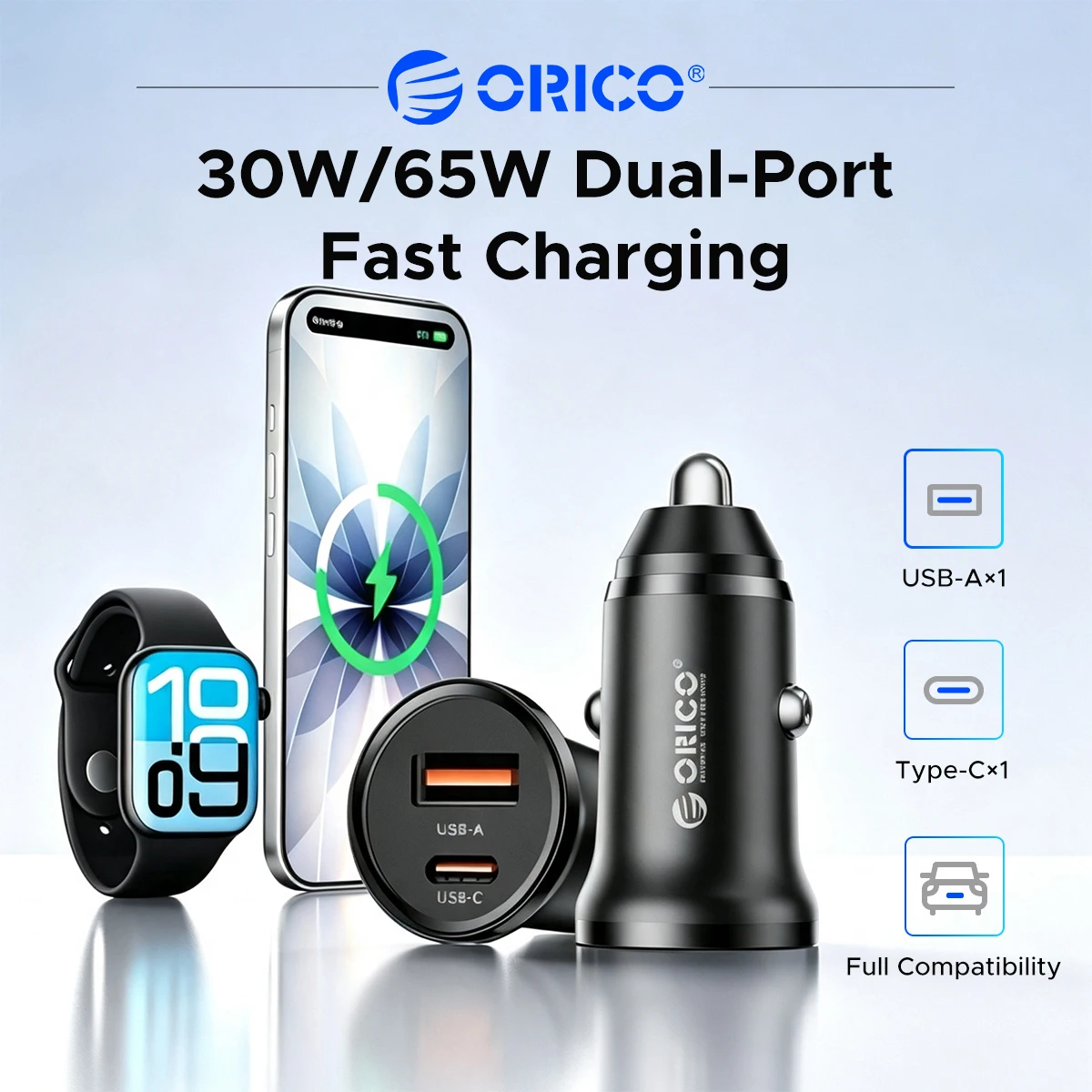 ORICO 30W/65W Dual Port Fast Charging Car Charger Universal Model Compatibility Lightweight and Portable