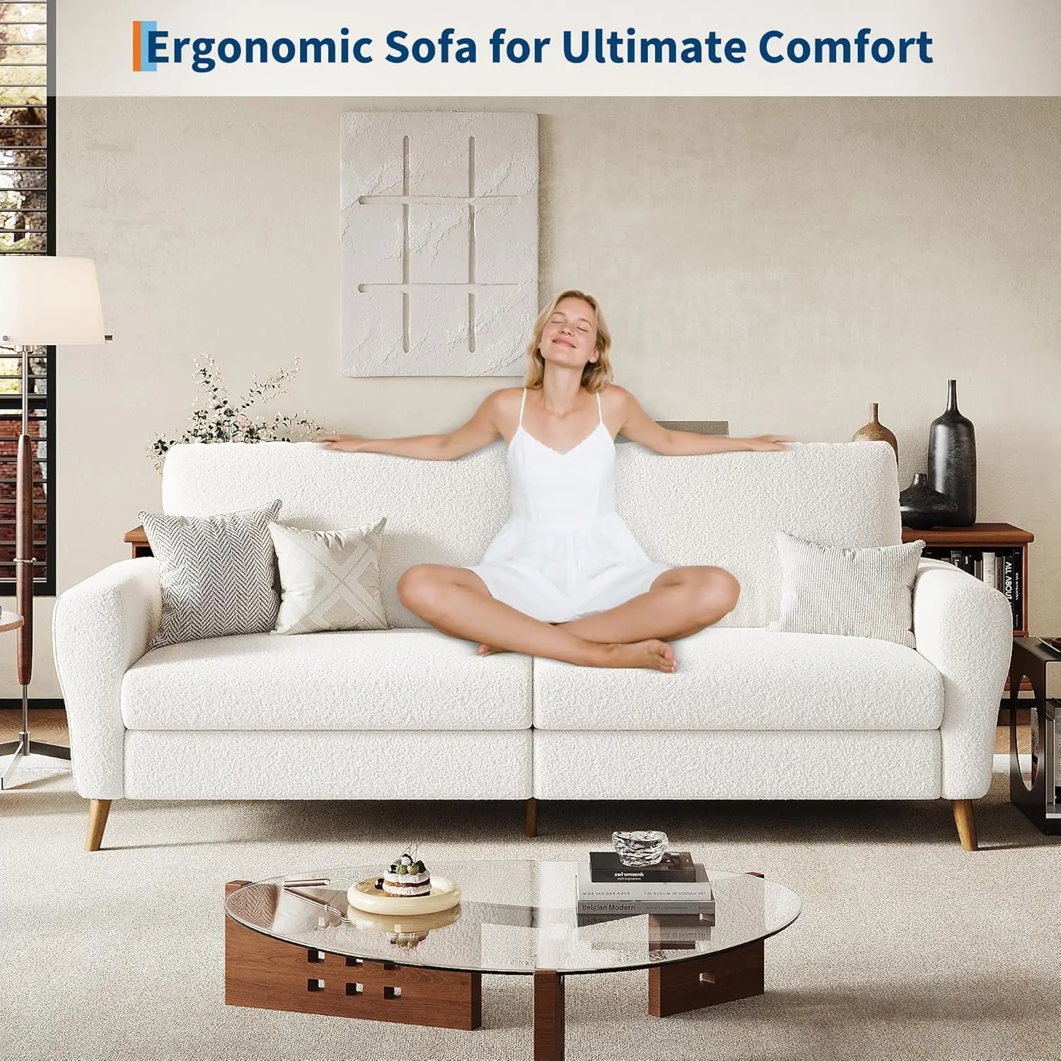 Sofá moderno de 3 lugares de 84 polegadas, sofá Boucle, pés de madeira, bege