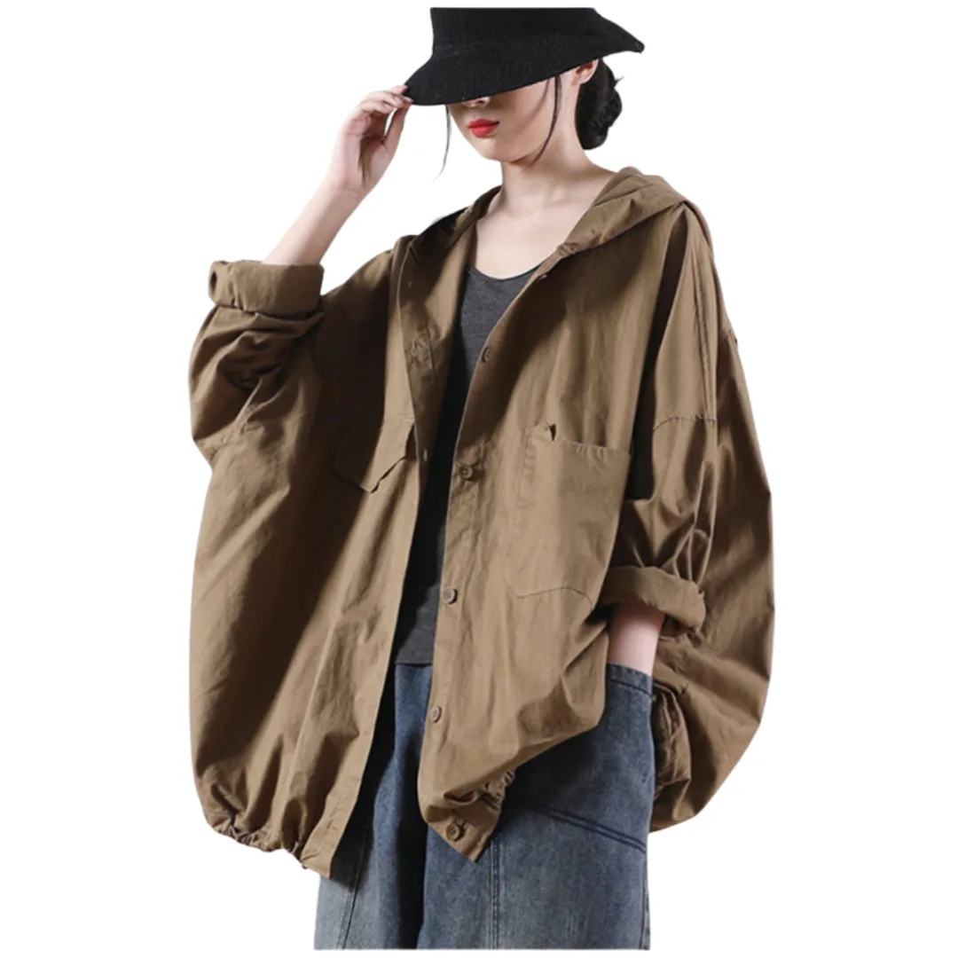 Literary Hooded Single Breasted Cardigan Women's Spring Autumn Long Sleeve Korean Style Loose Plus Size Youthful T Shirt Jacket