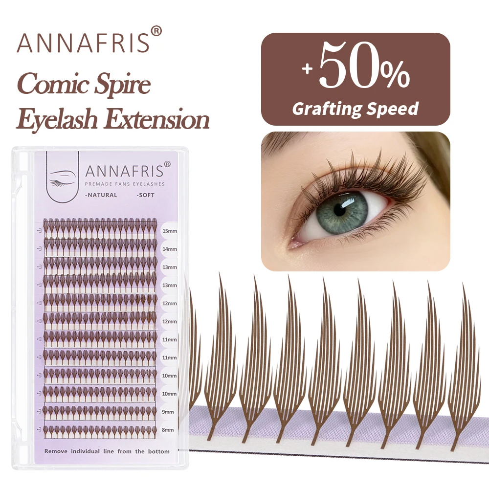 ANNAFRIS Braune Comic Spire Wimpernverlängerungen, automatisch blühende vorgefertigte Fächerwimpern, natürliche, weiche Anime-Effekt-Kunstwimpern