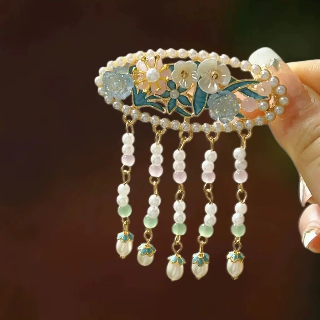 

Pearl Flower Hairpin, Elegant Side Bangs Clip, Hairpin Clip, Hanfu Cheongsam Accessories, Duckbill Clip Hair Accessory