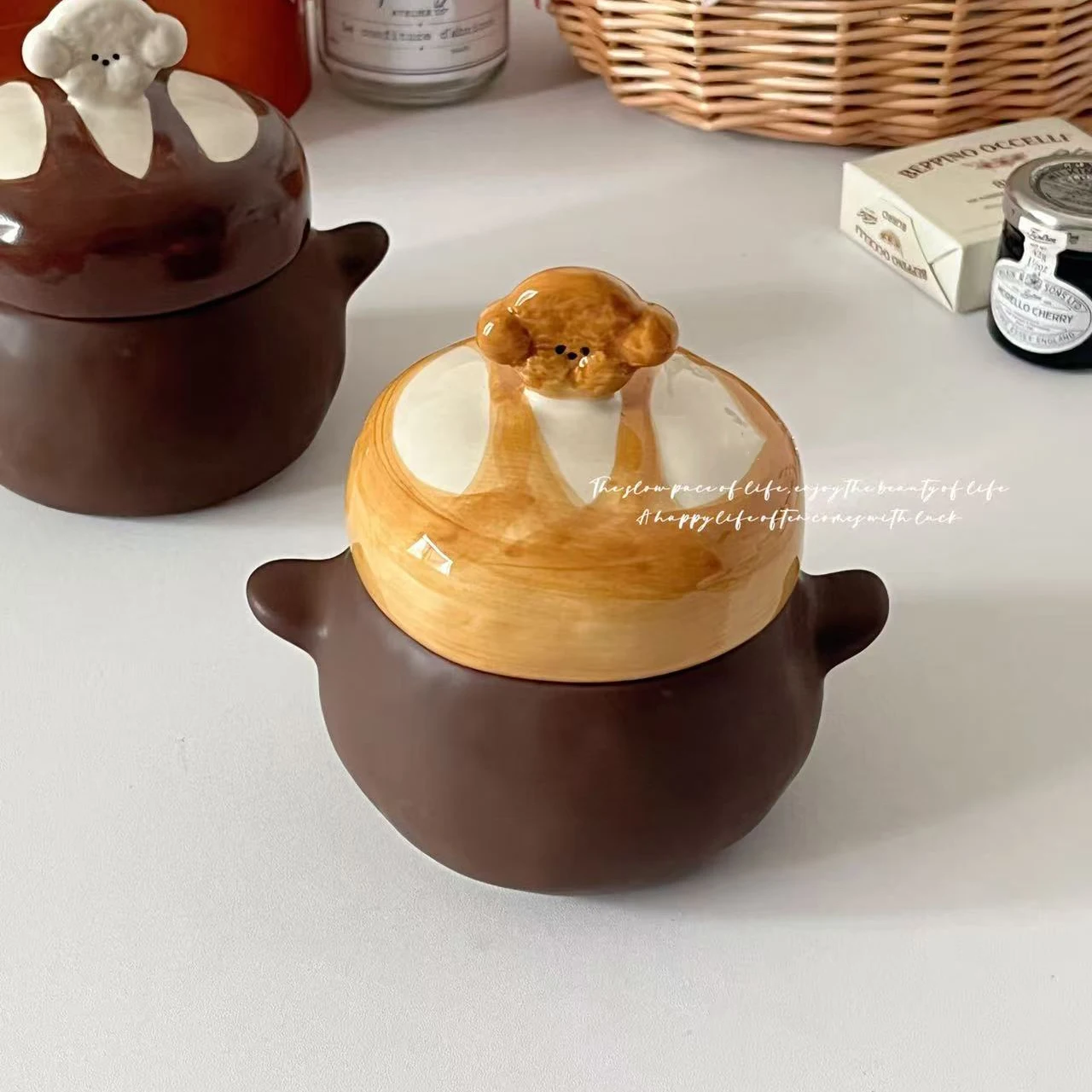 

Керамическая миска для пудинга с милым рисунком собаки, прочная кухонная мини-горшок для тушения, домашняя фарфоровая глубокая миска для торта с фруктами и крышкой