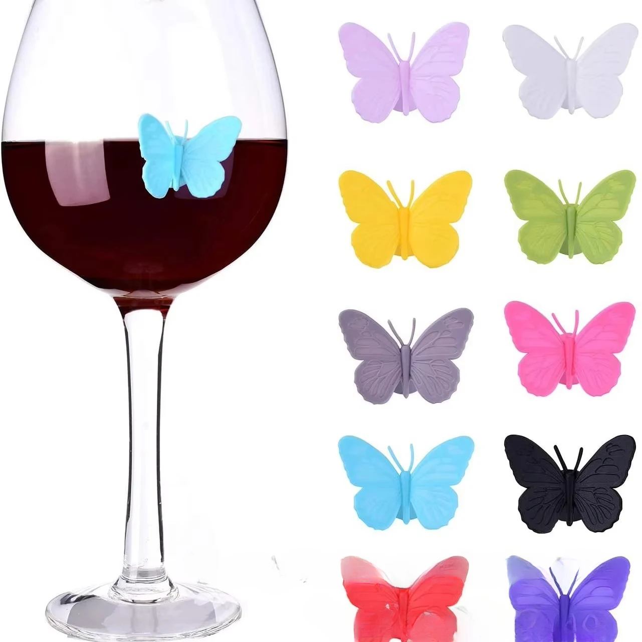 Silicone Drink Markers Wine Glass Markers Wine Charms Multi colored Butterfly Tags Identifier for Bar Party Family Drink