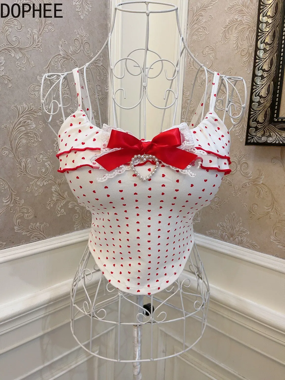 

Милая майка без рукавов с бусинами Love Bow Модный принт с обнаженной талией и высокой талией без рукавов Элегантные топы принцессы с нагрудником