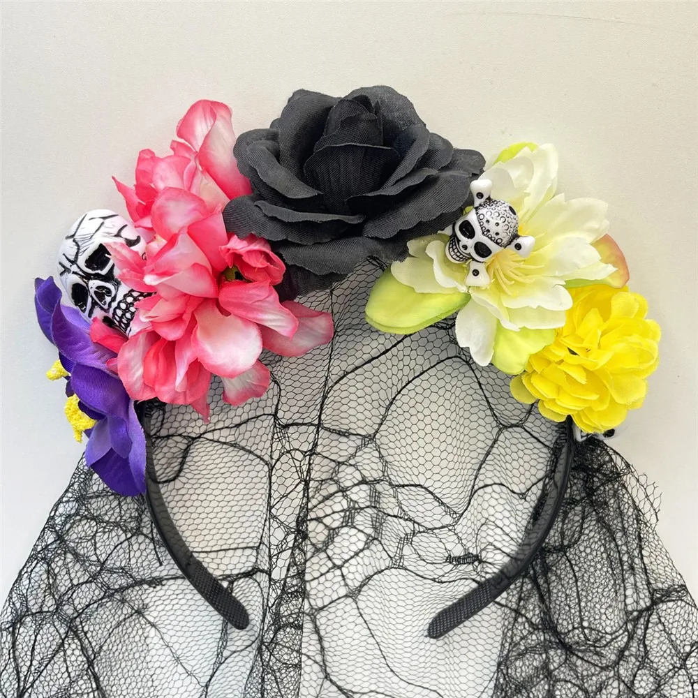 

Day of the Dead Flower Crown Headband with Black Veil Exaggerated Halloween Rose Headpiece Skull and Ghost Party Accessories