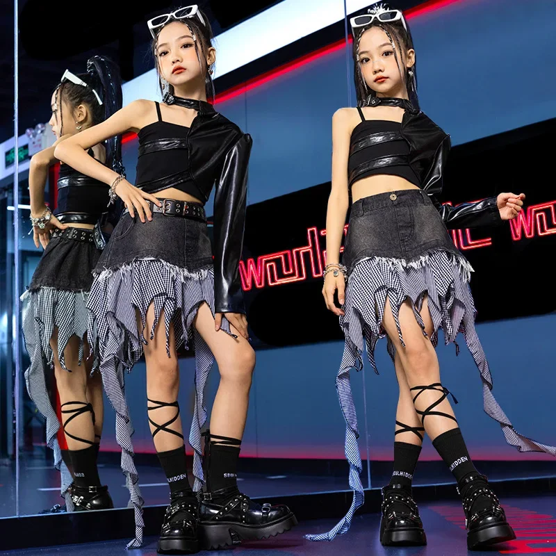 Disfraz de Hip Hop para niñas, cubierta de media manga de cuero, falda Irregular para niños, ropa de Jazz, conjuntos de escenario de baile callejero