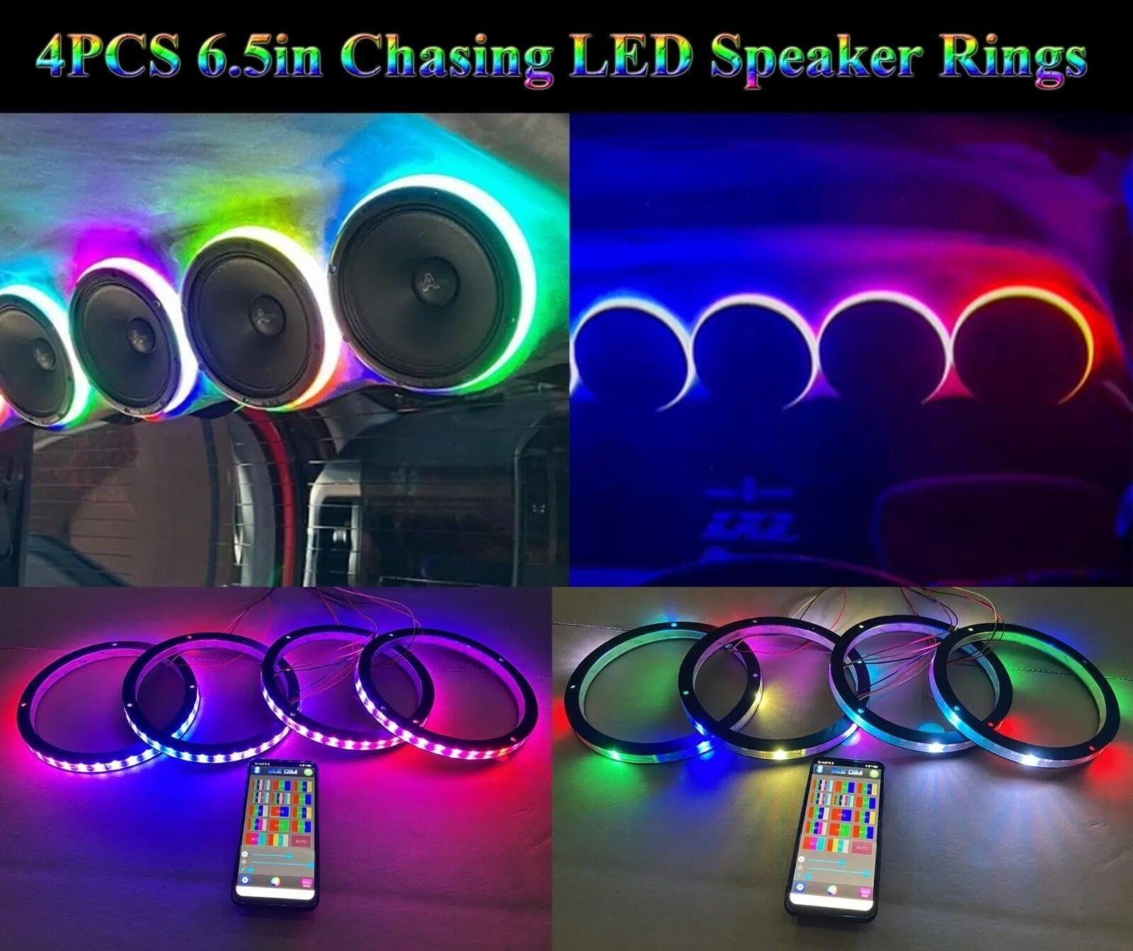 4PCS Car Customs Audio Lightings Speaker Ring Lights 6.5in RGB & White LED Speaker Halo Rings App Control Music Sync Chasing Flow Car Truck Boat Marine Stereo Audio Ambient Light Kit
