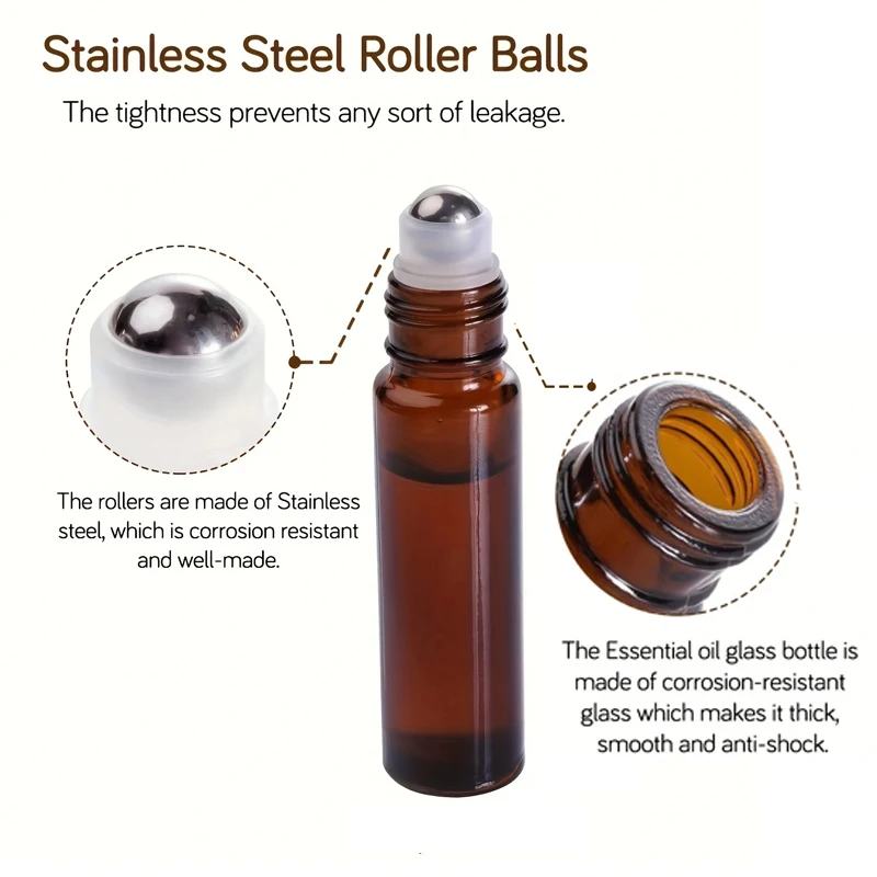 10/20Pcs 10ml Empty Amber Thick Roll On Glass Bottles with Stainless Steel Roller Ball For Essential Oil Refillable Bottles