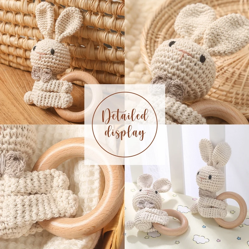 1PC Crochet Animal Rabbit Rattle Toy Soother Bracelet Wooden Teether Ring Baby Product Mobile Pram Crib Wooden Toys Newborn Gift