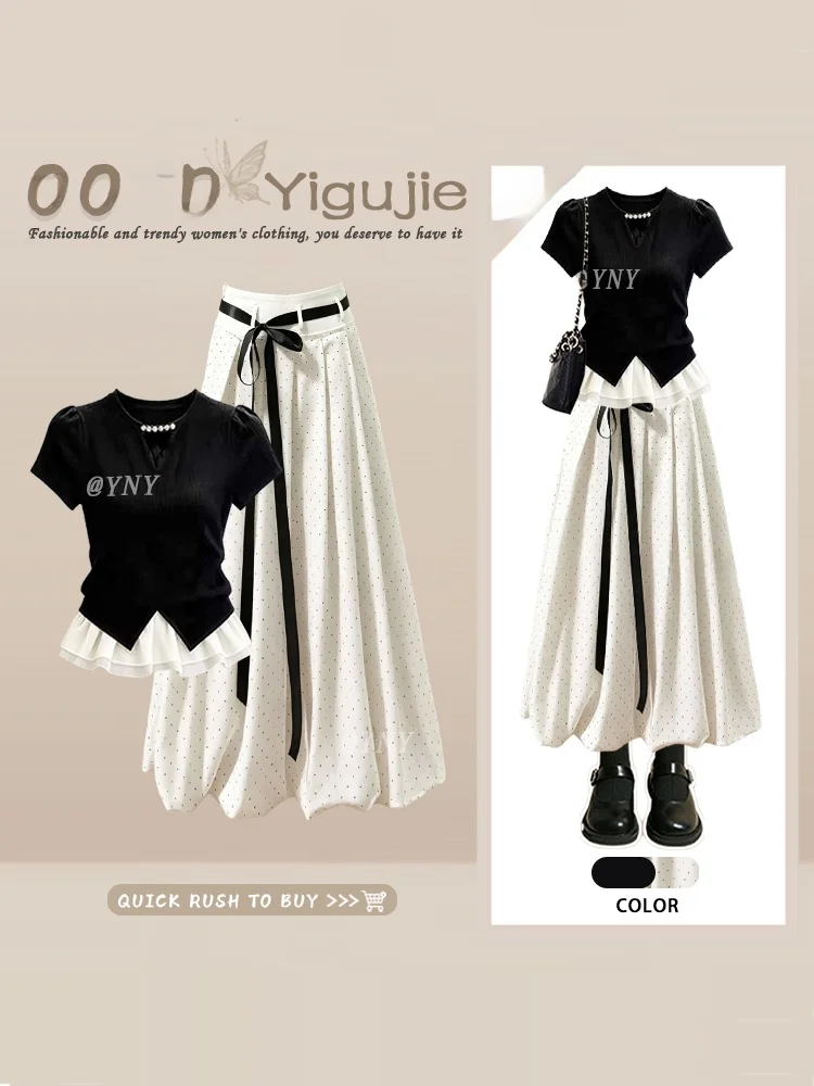 Retro Black Bubble Sleeve Pearl Splicing Top Summer Polka Dot Half Skirt Elegant Two-Piece Set Women's Fashion Ensemble