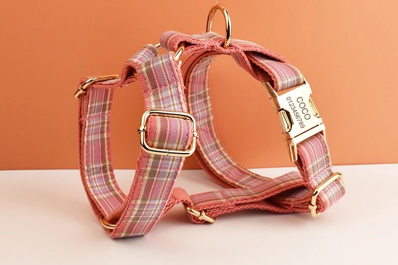 Kariertes Hundehalsband und Leinen-Set für Hunde, individuell graviertes Namensschild, Heimtierbedarf, Hundeleine, Gittermuster 14 – Detail 8