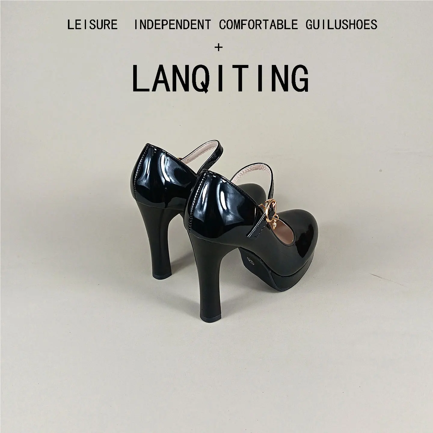 

Retro Sle High Heels Mary Janes round Toe Waterproof Platform Thi Heel Bla Patent Leather Single oes for Young Women