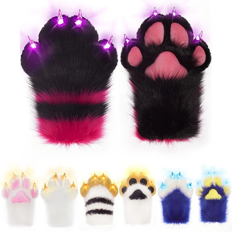

Kawaii LED Glowing Furry Paws Cosplay Gloves Fursuit Kigurumi Cat Dog Fox Claw Mittens Animal Plush Gloves Halloween Gifts