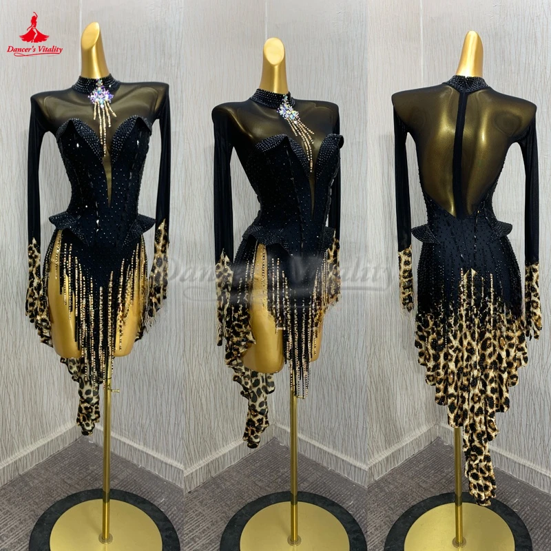 

Black Leopard Print Long Sleeves Latin Dance Professional Clothing Women Chacha Samba Rumba Jive Paso Doble Competition Costume