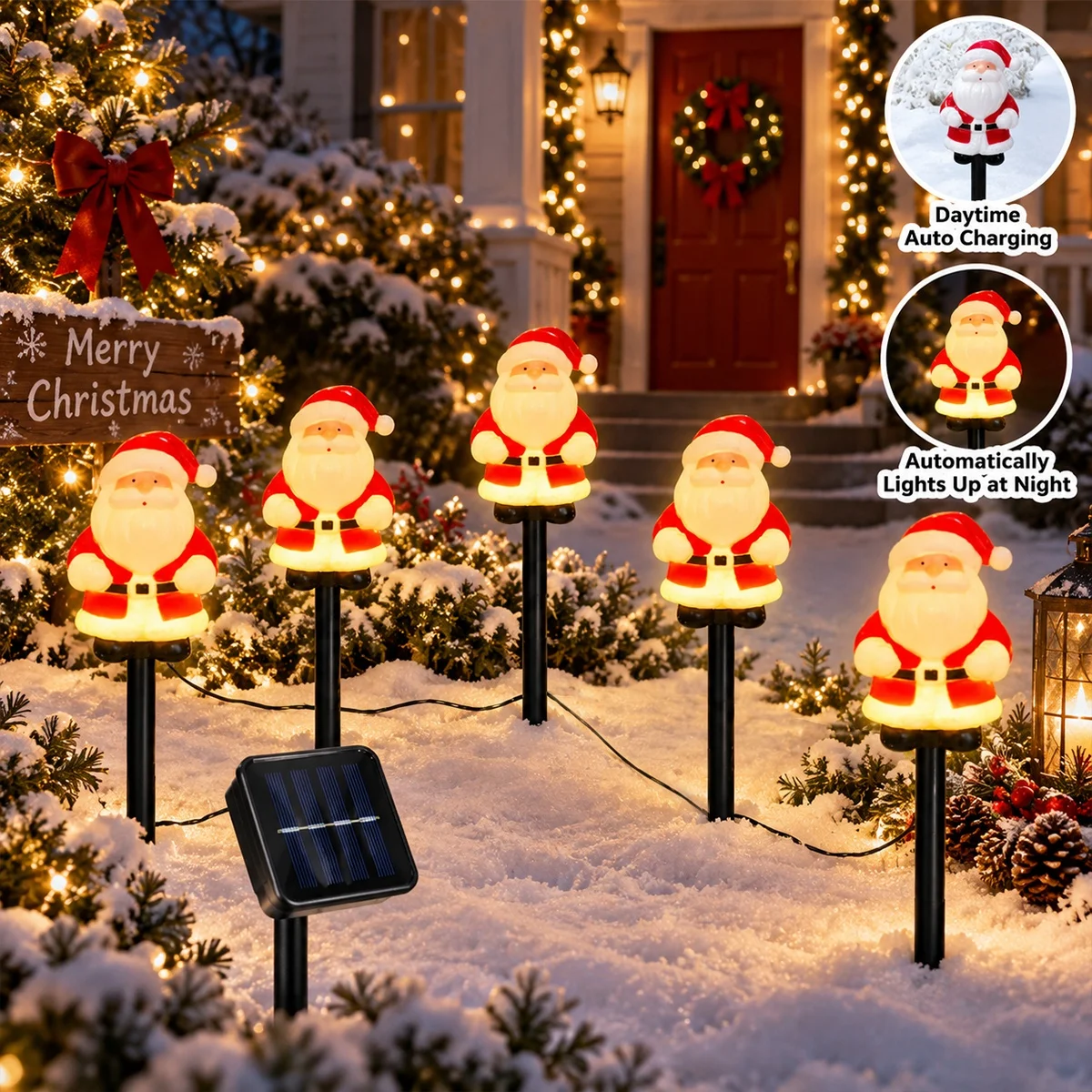 5pcs/set Santa Claus Stake Lights Christmas Decoration Solar Lights with 8 Modes For Garden Xmas Holiday Yard Pathway Decor ﻿