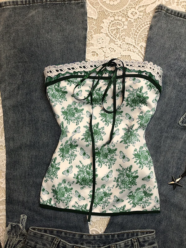 

Оригинальный синий топ без рукавов с кружевной отделкой, женский летний винтажный сладкий и пряный топ длиной с принтом, облегающий крой irt