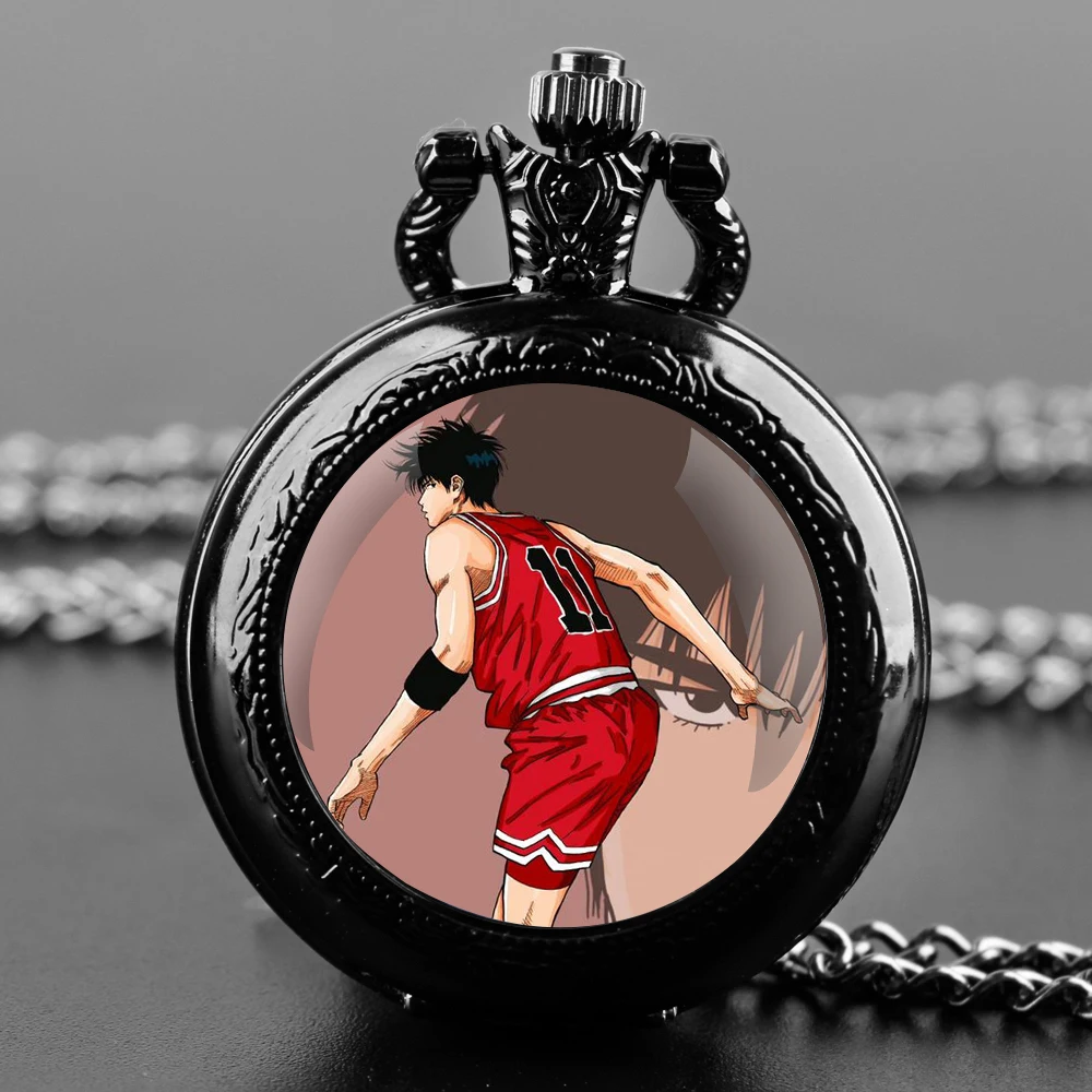 Exquisite Famous Anime Slam Dunk Glass Dome Quartz Pocket Watch Arabic numeral Necklace Pendant Gifts For Women Man with Chain