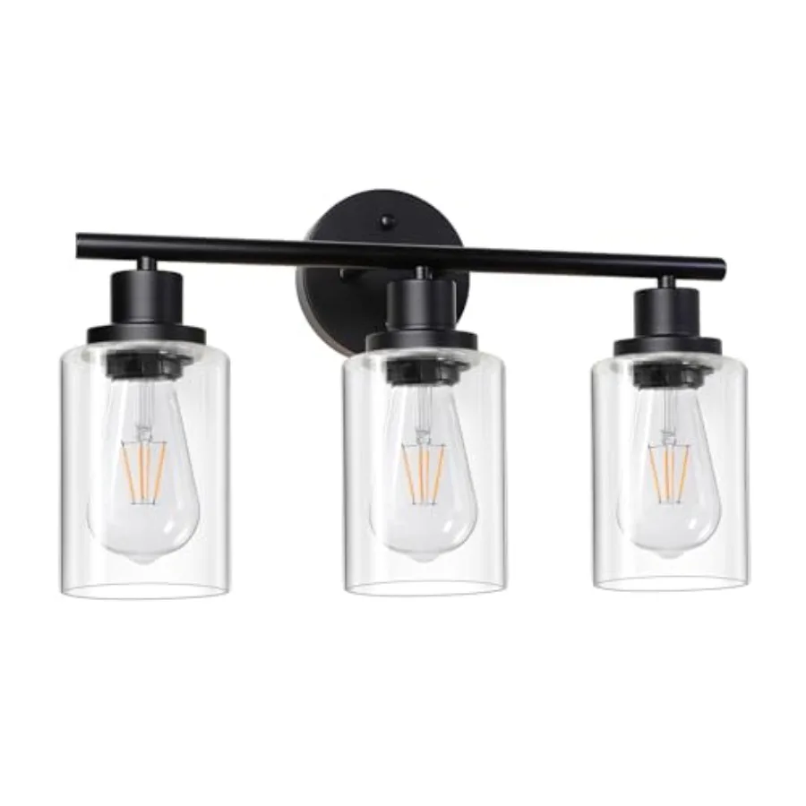 

Modern Bathroom Light Fixtures, 3 Light Vanity Lights, Black Wall Lamp with Clear Glass for Bathroom, Mirror, Living Room, Bedr