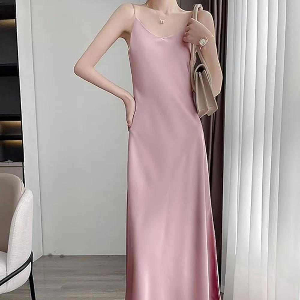 Spring Summer New Style Halterneck Dress French Satin Vinegar Sexy Y Women\'s Mid-length Solid Color Bottoming Skirt