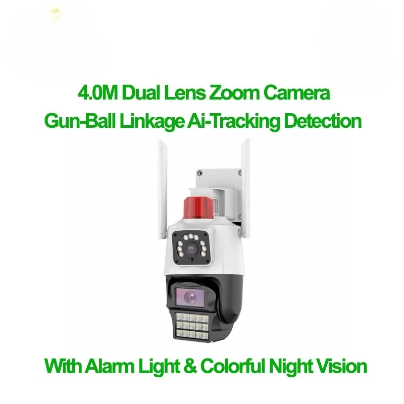 4MP Dual Lens PTZ WiFi Camera Outdoor Waterproof, 2-Way Audio, Siren, Motion Detection, iCsee ONVIF Speed Dome Camera
