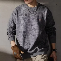 Autumn Men's Sweatshirt Korean Full of Graffiti Long Sleeve T-shirt Fashion Men's Clothing Grey O Neck Harajuku Top 2023 New