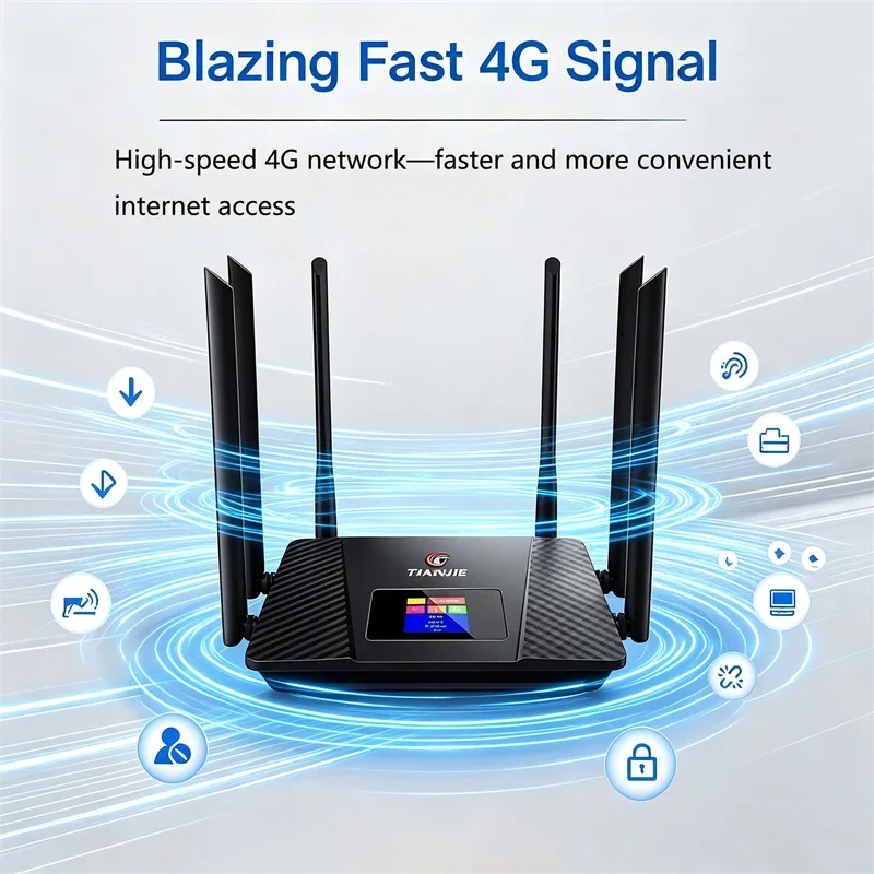 TIANJIE 4G WiFi Router LAN WAN LTE SIM Card Modem with 6 External Antennas 150Mbps Plug-and-play Internet Hotspot Adapter