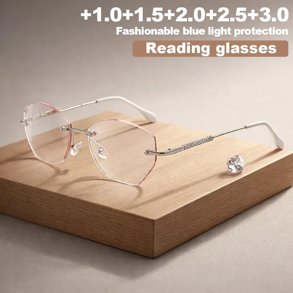 1 Stück Damen Randlose Glitzernde Quadratische Rahmenlose Anti-Blaulicht Presbyopie-Brille Ultraleichte Titan Anti-Blaulicht Lesebrille